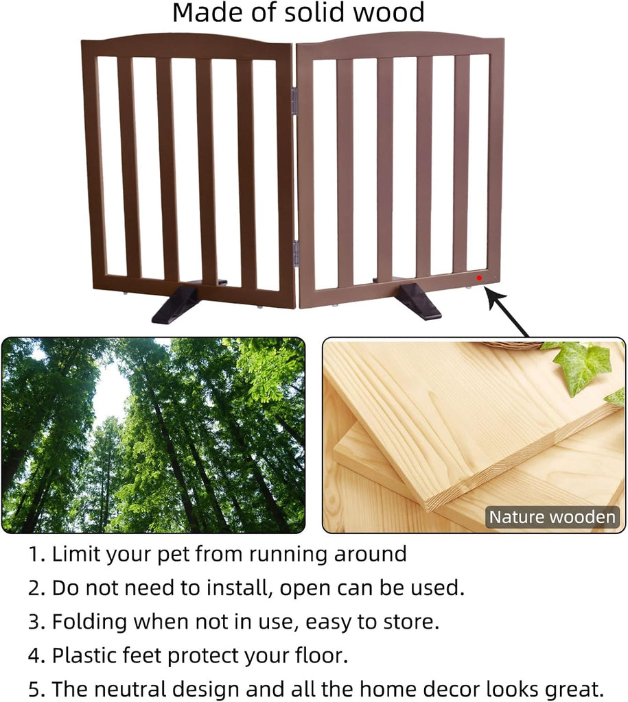 Freestanding Dog Gate Indoor, Doggie Gate Foldable Pet Gates for Doorways, Stairs or Hallways, Wooden Brown Pet Gate