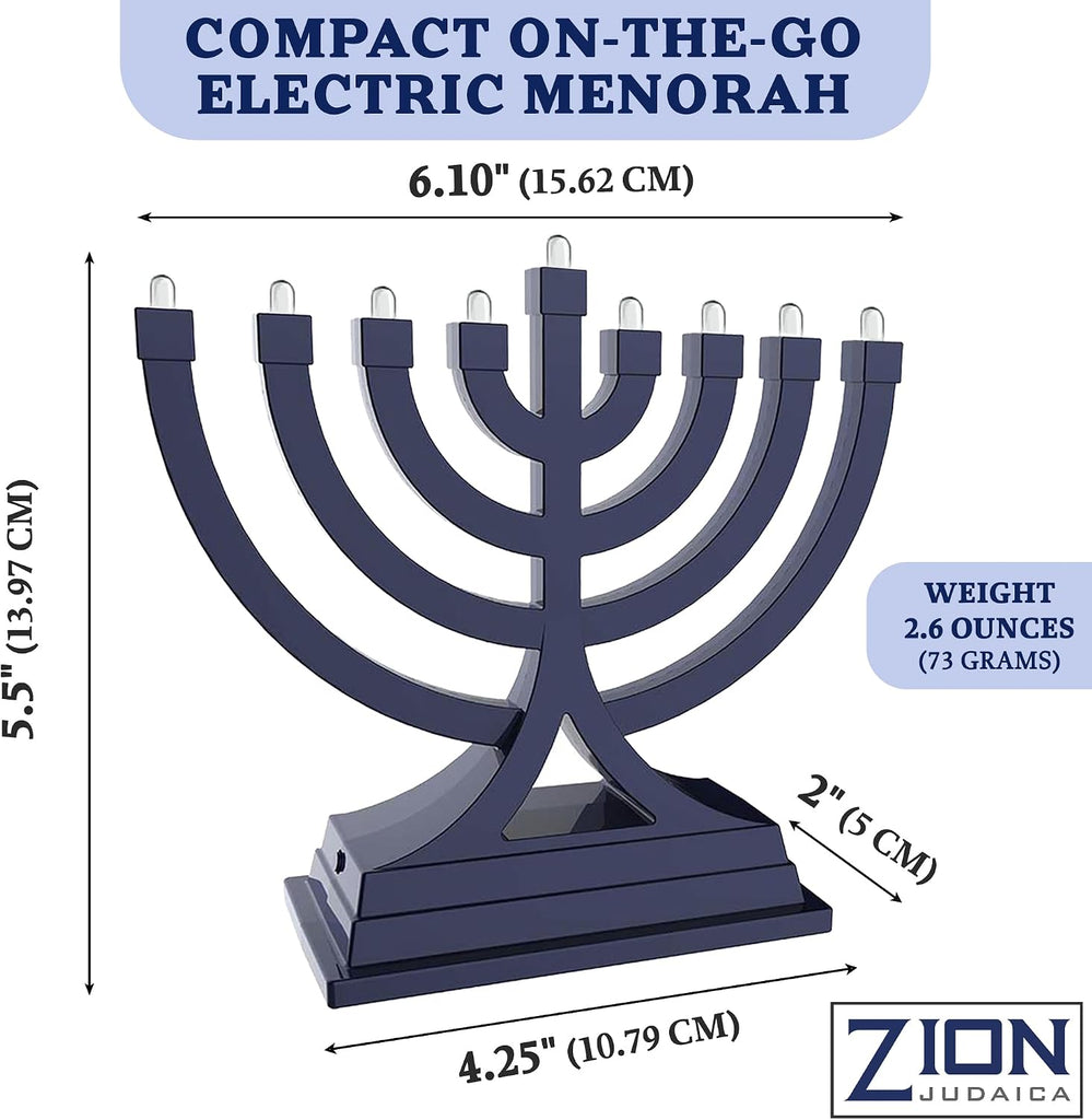 Zion Judaica Mini LED Hanukkah Battery or USB Operated - Multiple Light Settings On The Go Hanukkiah for Chanukah