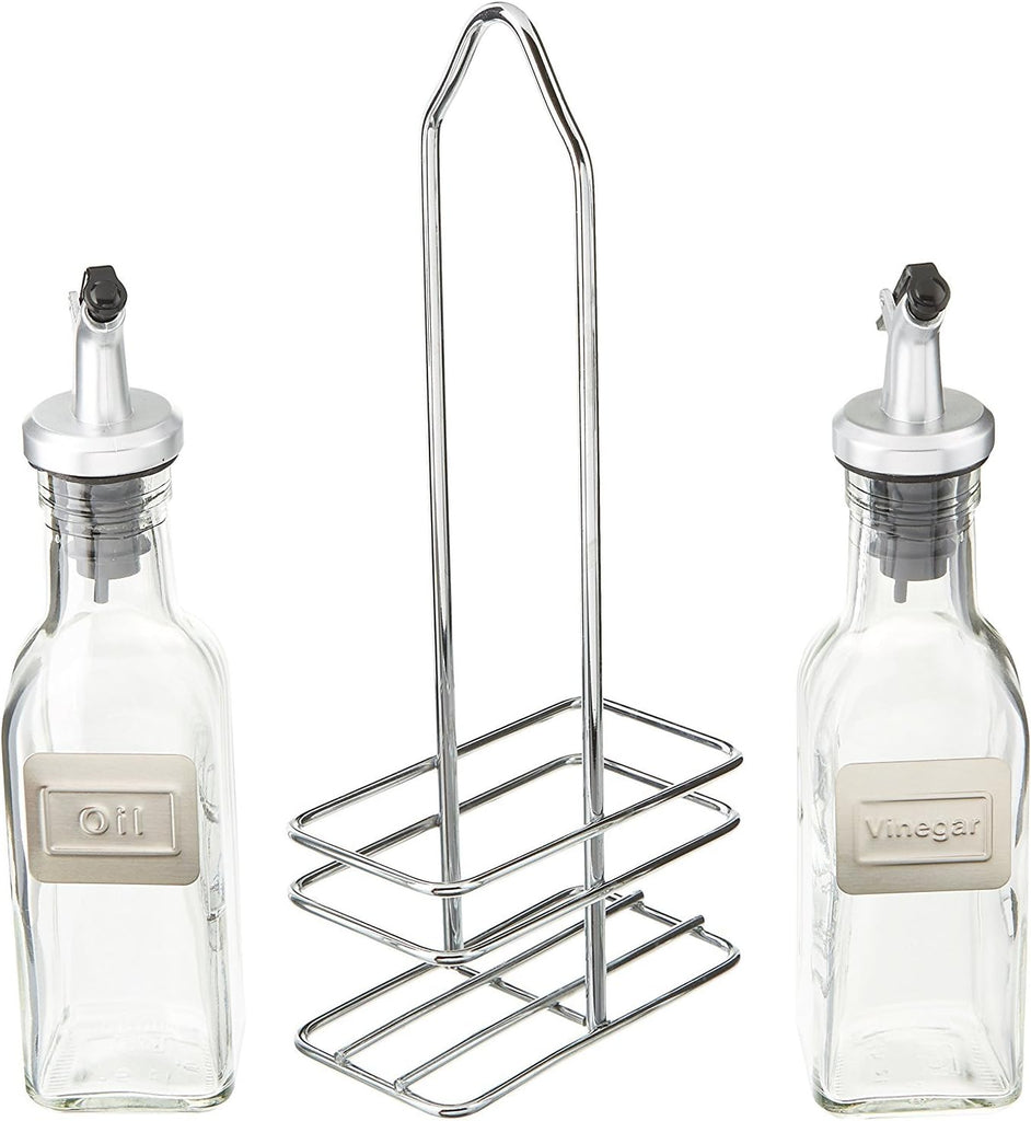 Cruet Oil and Vinegar Bottles Set with Dripless Spouts and Wire Caddy, English Labels - 6 oz. each - Set of 2