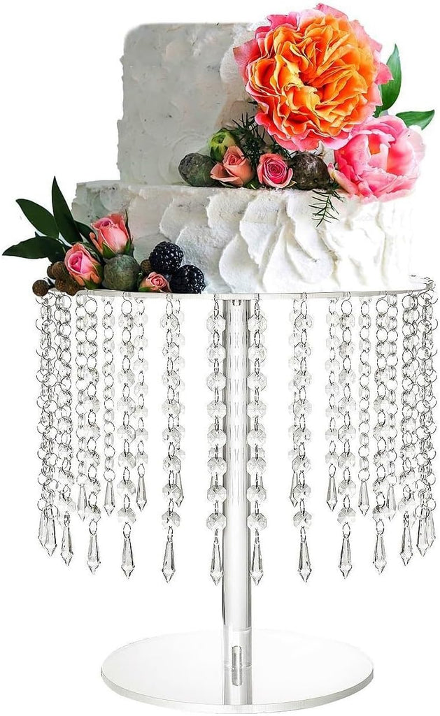 Round Cake Stand - 12 Inch Diameter Acrylic Dessert Display Stand with Crystal Chandelier, Cupcakes Serving Plate