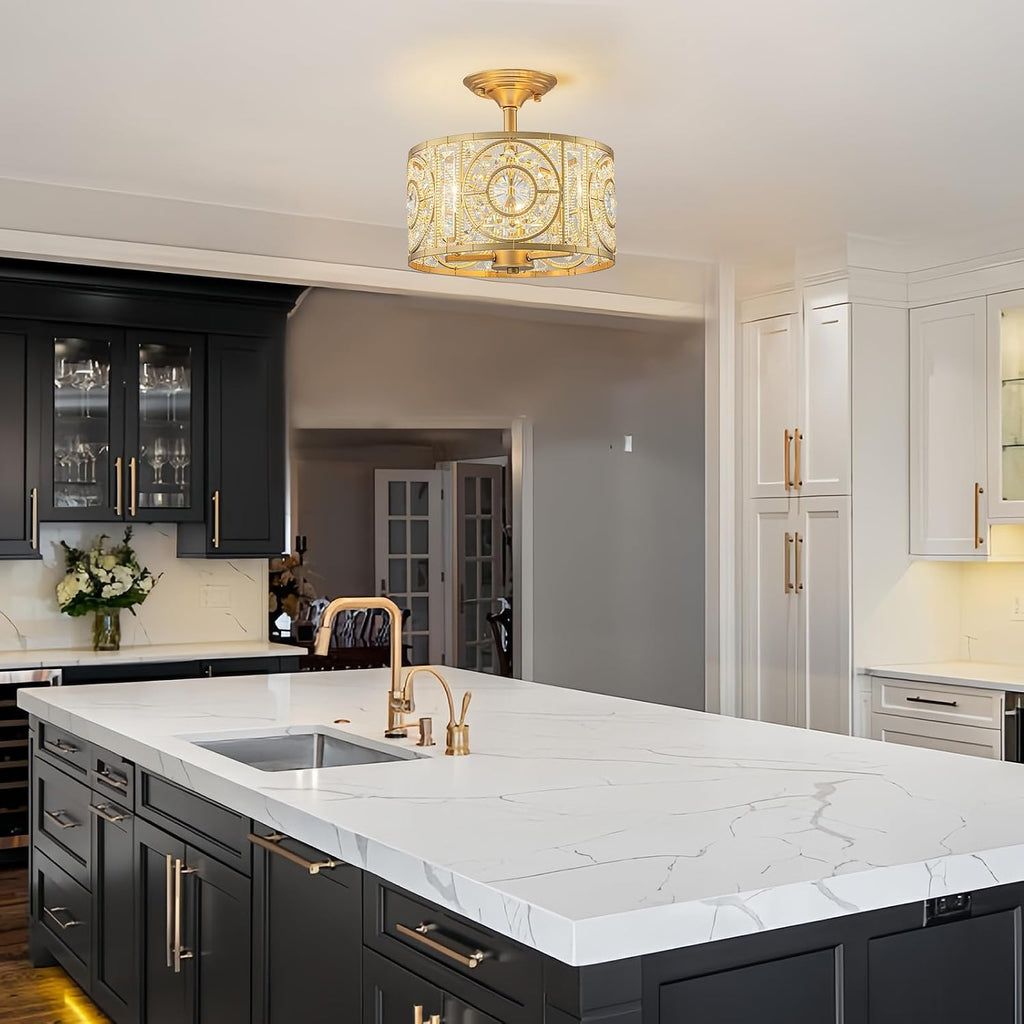 Semi Flush Mount Chandelier for Dining Room, 3-Lights Vintage Crystal Round Chandelier, Gold Retro Semi-Flush Mount