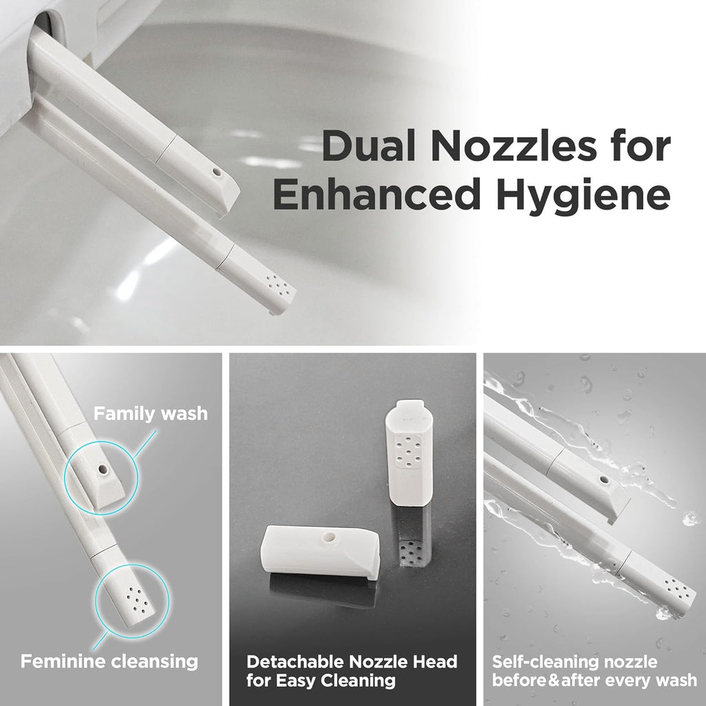 Smart Elongated Bidet Toilet Seat with Dual Nozzles, Warm Water, Air Dryer, Heated Seat, Night Light, Remote Control