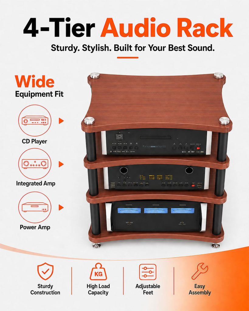 Heavy Duty 4-Tier AV Media Stand, 352 lb Load Capacity, Teak