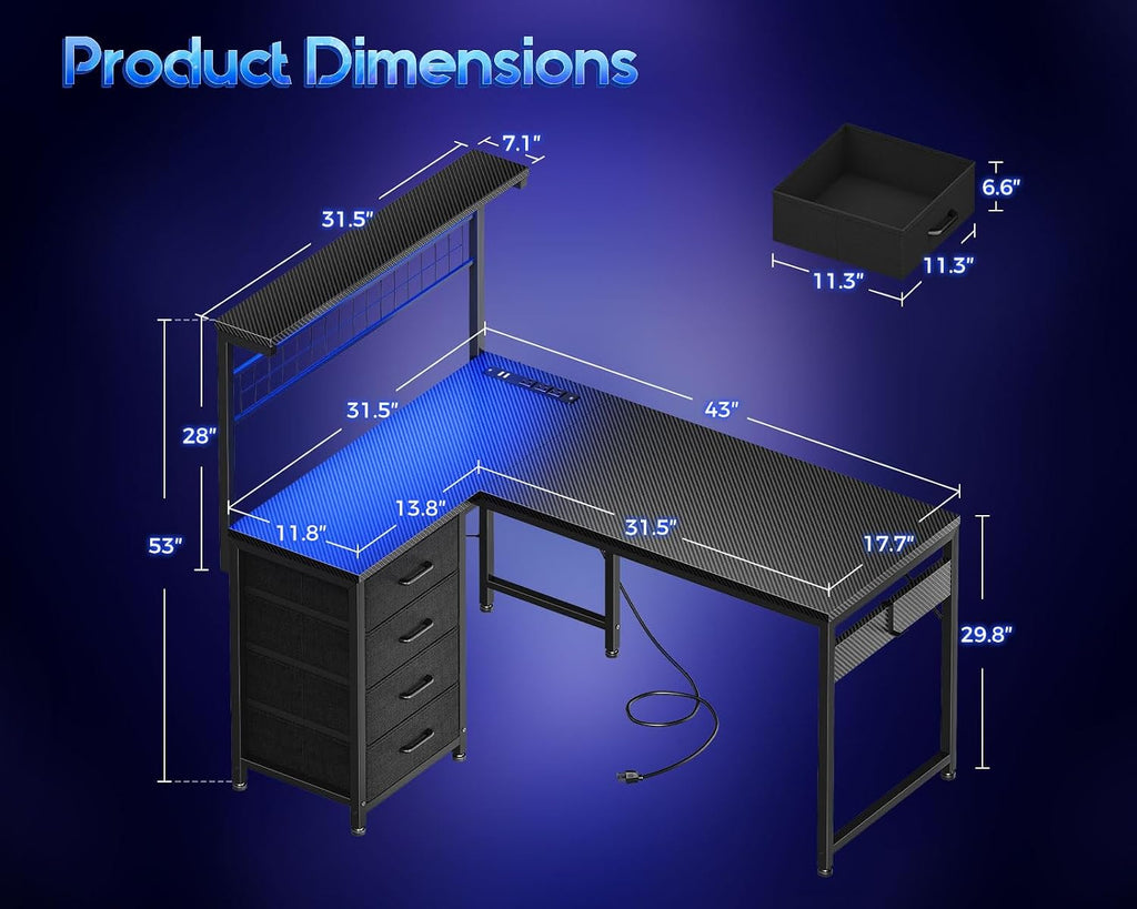 43" L Shaped Gaming Desk with Shelf & 4 Drawers, Black Carbon Fiber | Compact corner computer table. Reversible study