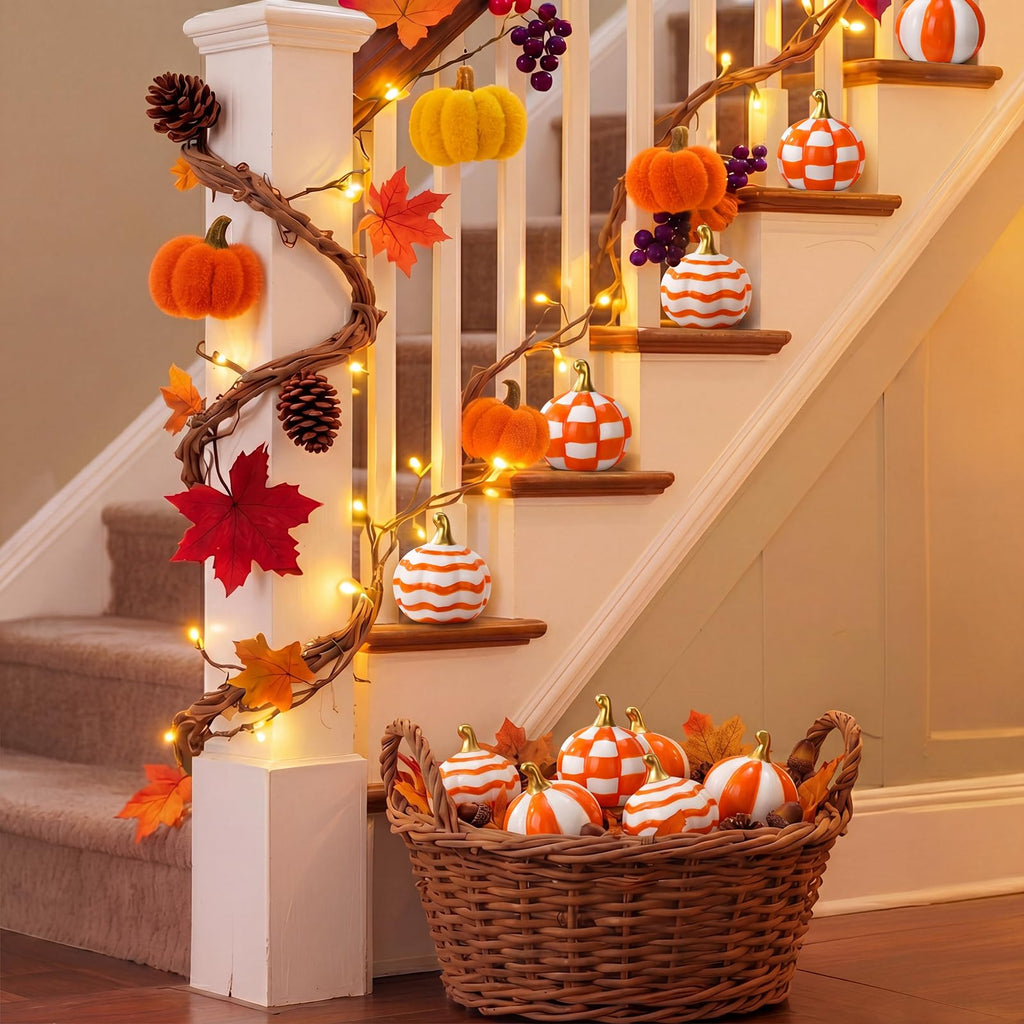 6 Pcs Orange Checkered Stripe Ceramic Pumpkins Fall Centerpiece