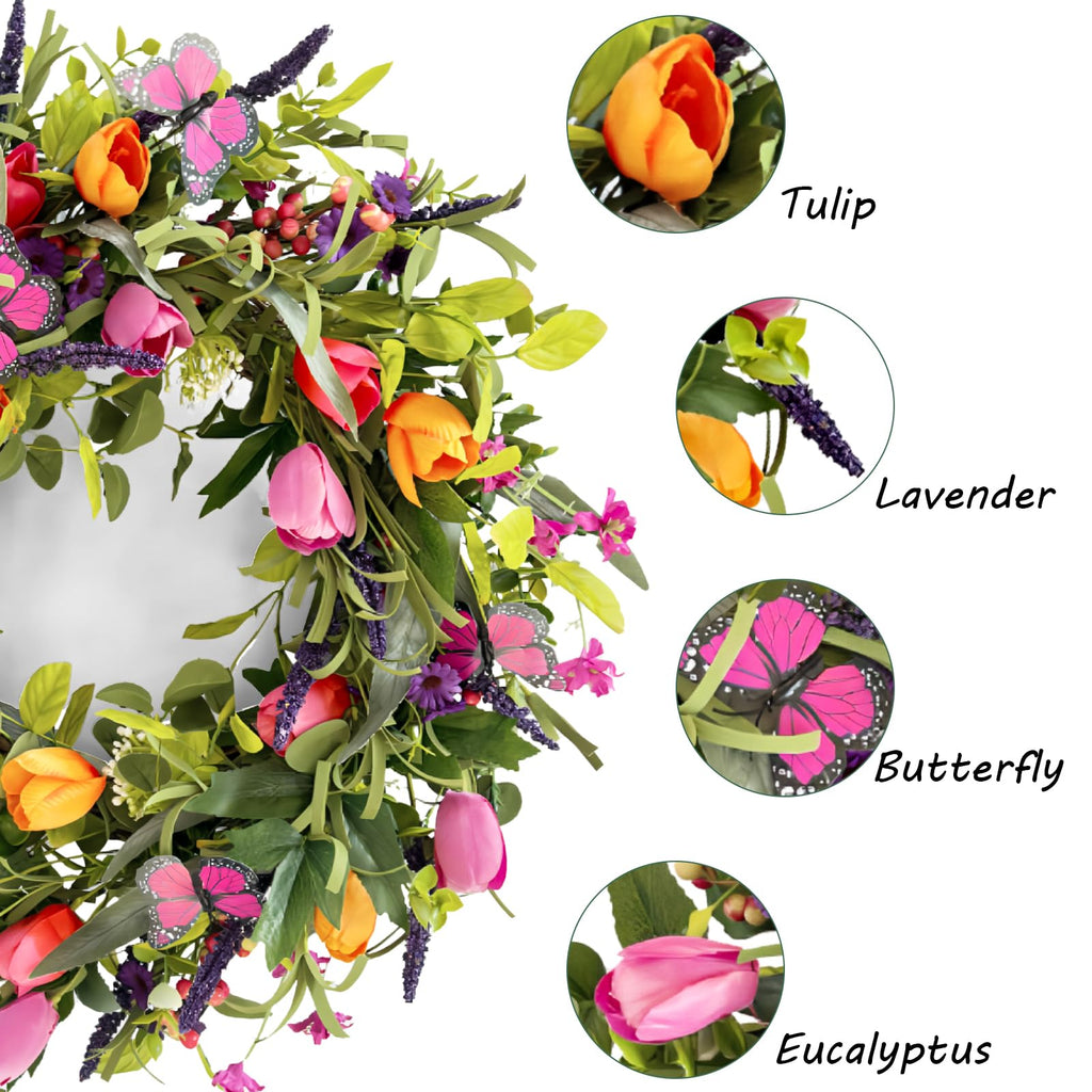 24" Wreaths for Front Door, Wreath with Tulip Wreath, Butterfly, Lavender and Eucalyptus, Vivid Artificial Floral for