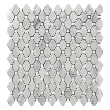 Carrara White Marble Small Rhombus Mosaic Tile - 12x12 Inch Mesh-Mounted Sheet - Natural Marble Geometric Mosaic for