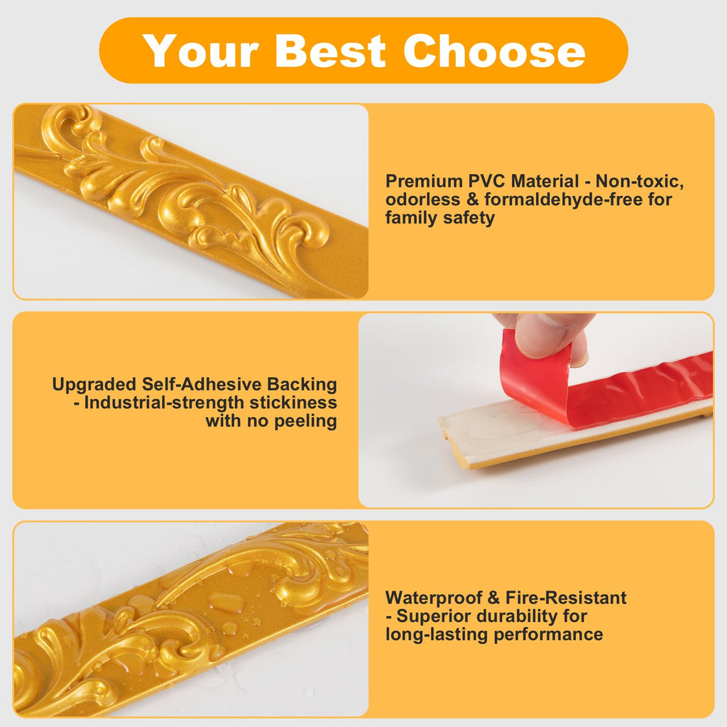 3 Pack 16.4FT Gold Peel and Stick Crown Molding Trim Kit - Self-Adhesive Decorative Trim for Mirror Borders, Doors &