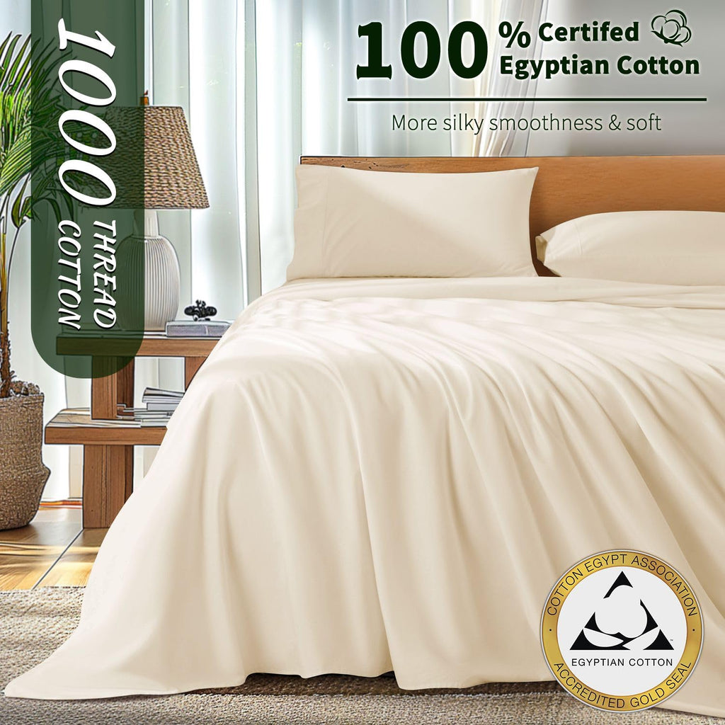 100% Egyptian Cotton Sheet Set 4 Piece, Luxury 1000 Thread Count