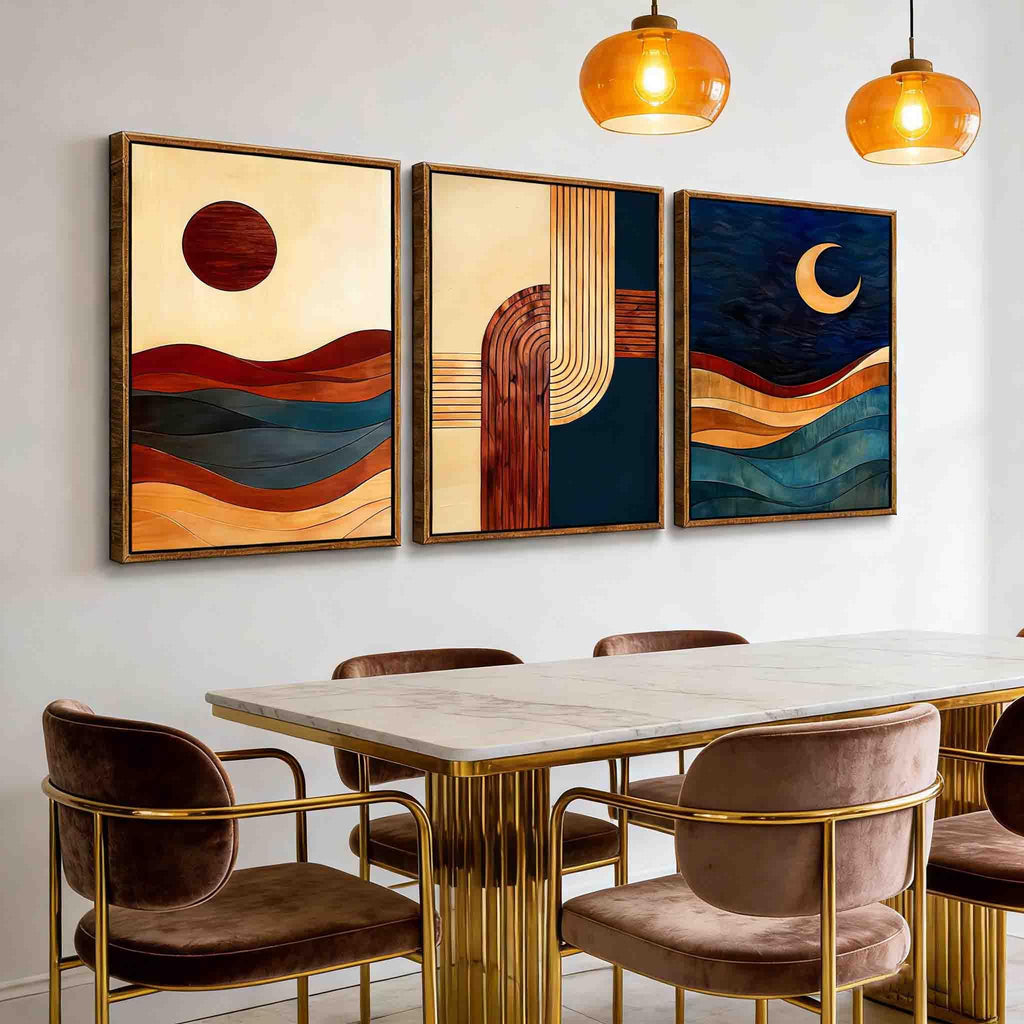 3-Piece: 24x36 Inch Framed Sun & Moon Modern Abstract Wall Art - Boho Mid-Century Geometric Canvas Decor