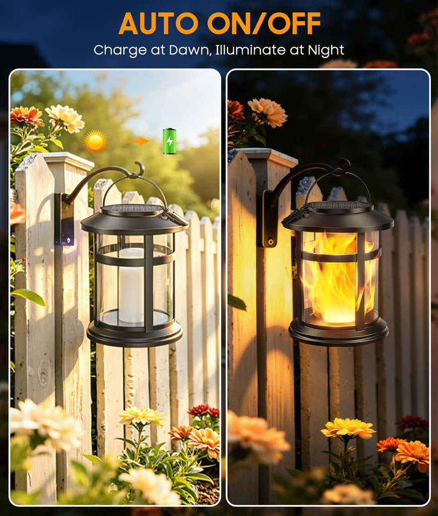 Solar Lanterns Outdoor Waterproof, 4 Pack Upgraded Flickering Flame Hanging Solar Lights, Solar Powered Decorative