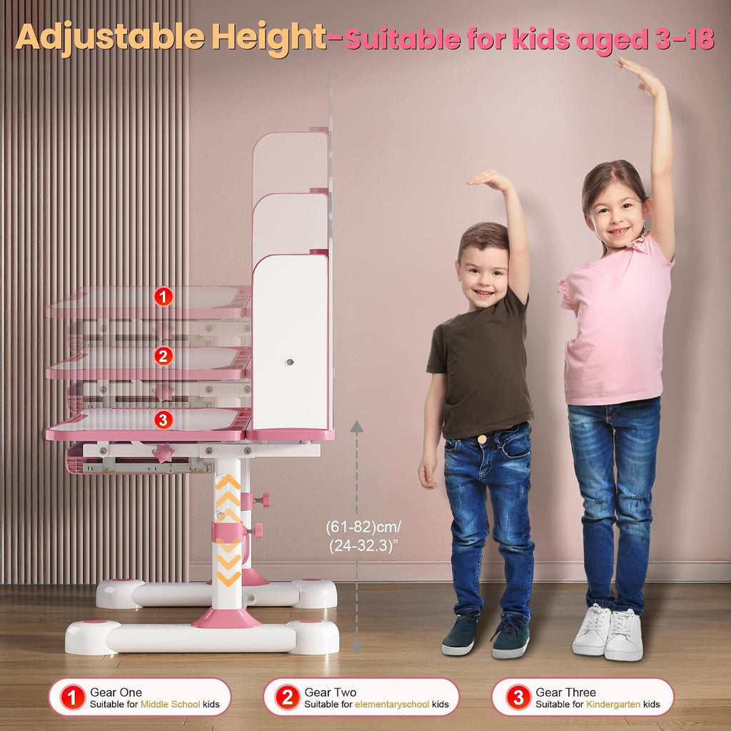 Kids Desk and Chair Set, Height Adjustable Study Desk for Kids Ages 3-12, Easy-Turn Crank Ergonomic Desk with 50°
