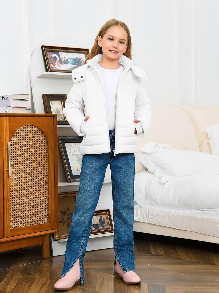 Girls Hooded Puffer Jacket Kids Winter Quilted Down Coats with Zipper Pockets