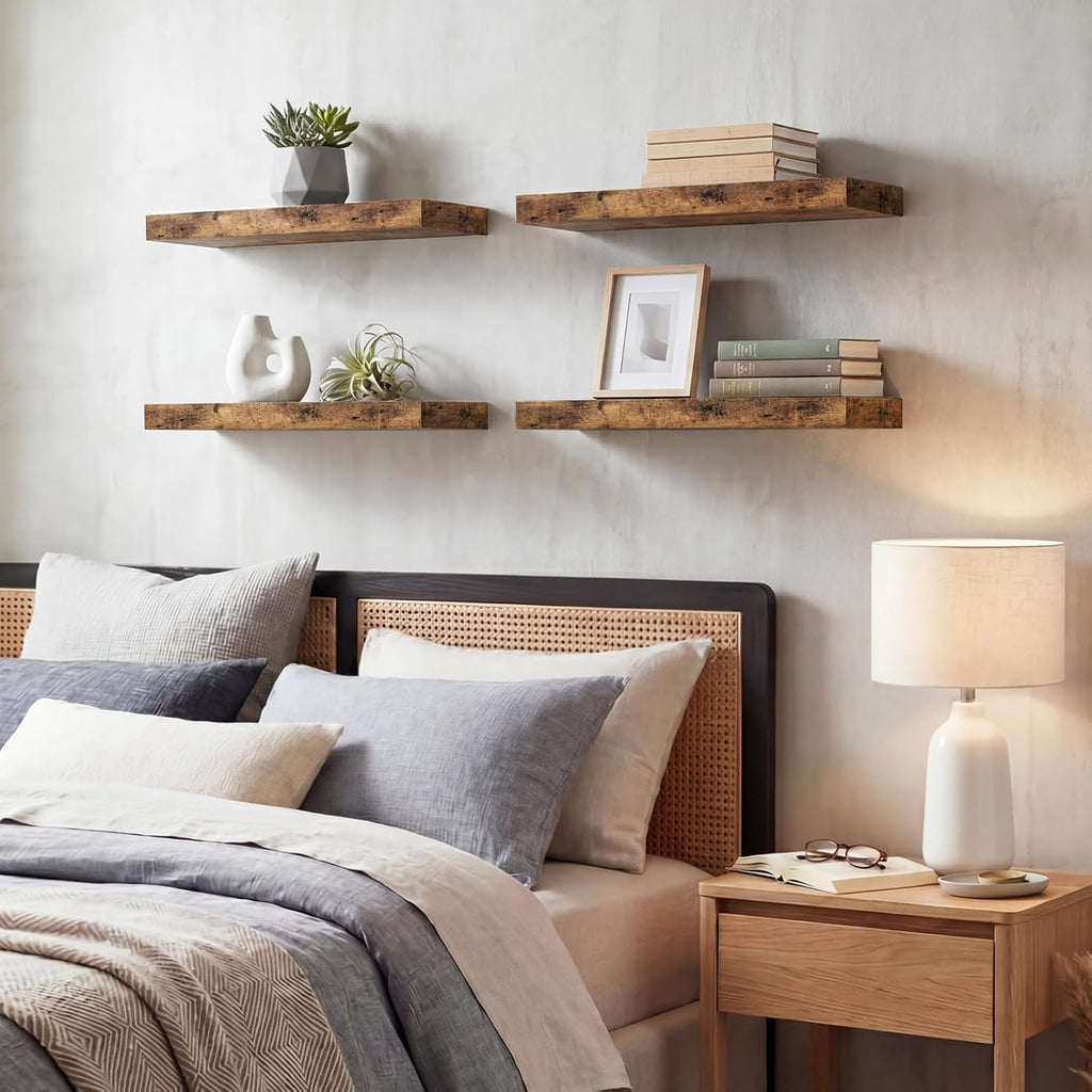 Floating Shelves for Wall Decor (Rustic Brown, Set of 4, 15.7 Inch) | MDF Shelves with Metal Brackets, Space Saving