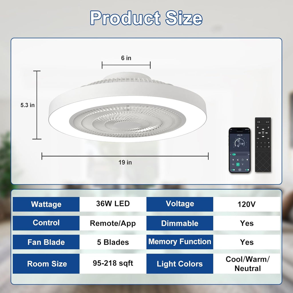 Modern Ceiling Fan with Light: 19" Bladeless Flush Mount Low Profile LED Ceiling Fans with Remote & Smart APP Control