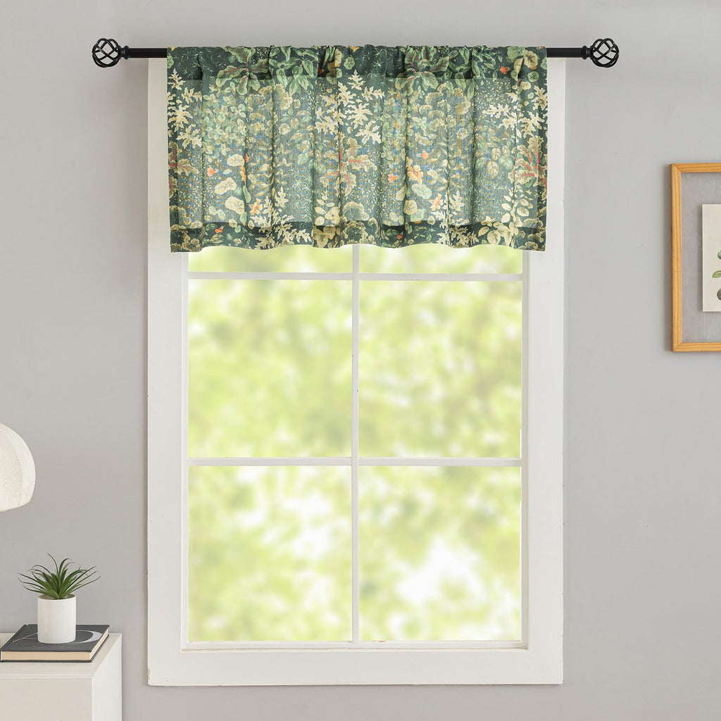French Country Kitchen Valance for Windows 18 Inch Length 1 Panel Farmhouse Leaf Dark Green Linen Valance Curtains
