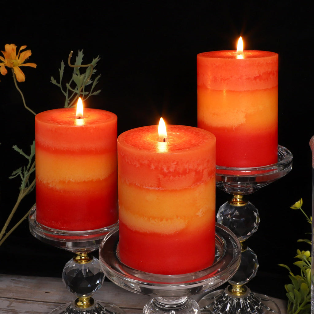 3x4 Inch Pillar Candles 3 Pack Rustic Orange Handmade Layered Clean Burning Pumpkin Spice Scented Candles Fall