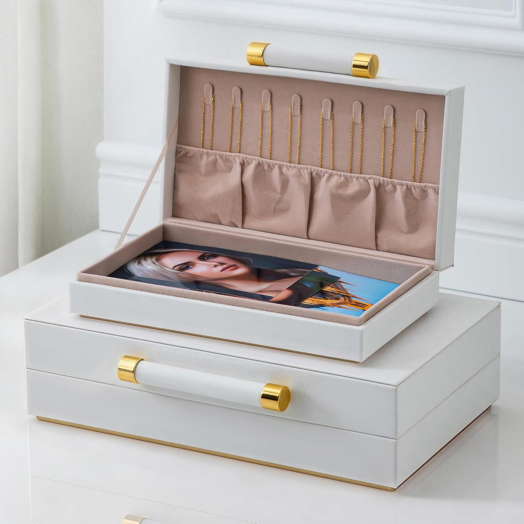 Decorative Storage Boxes with Lids Decor - Large White PU Leather Memory Box for Keepsakes, 8 Necklace Hooks - Set of 2