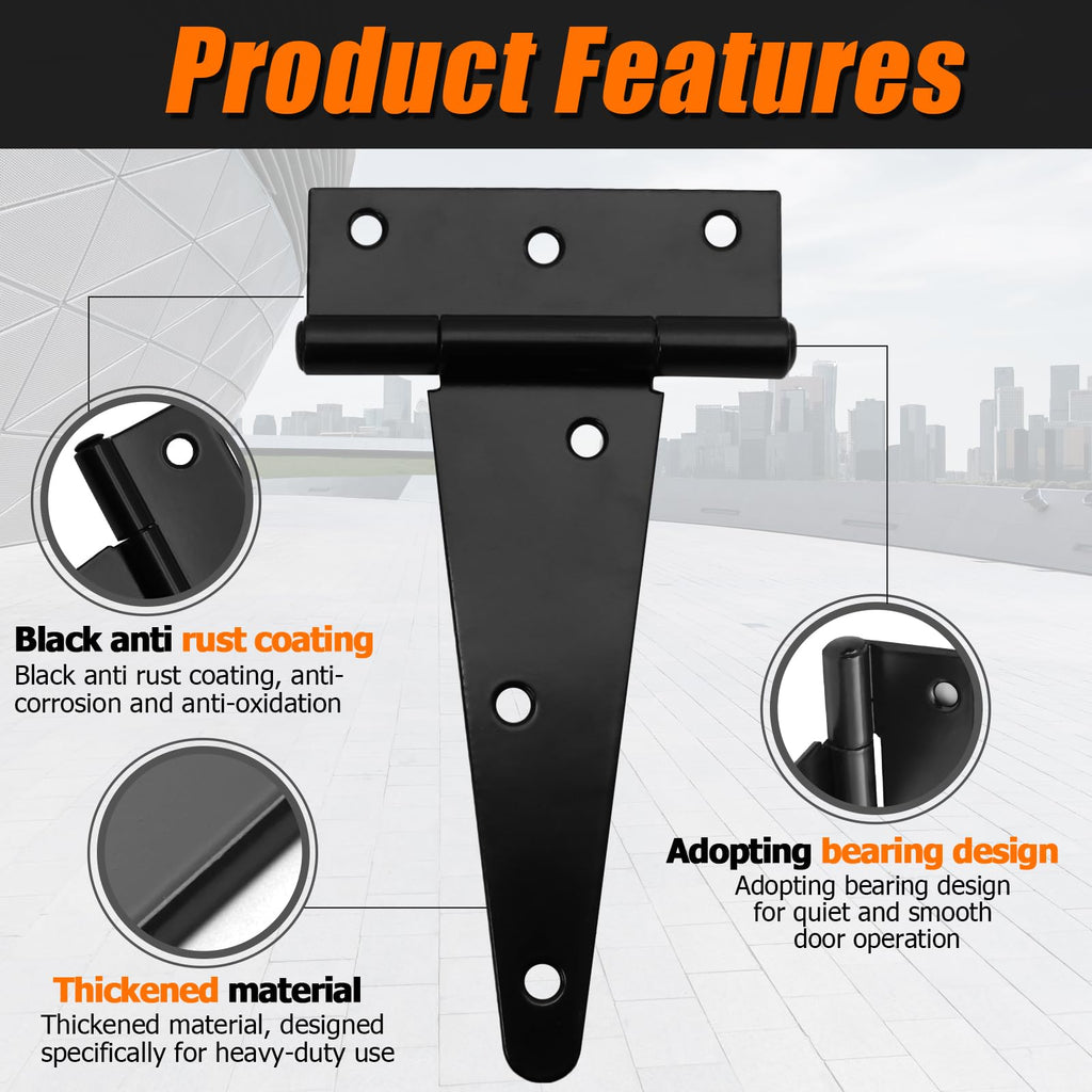 2 Pack 6 Inch T-Strap Shed Door Hinges Heavy Duty, Black Thickened Tee Gate Hinges for Barn Door, Shed or Wooden