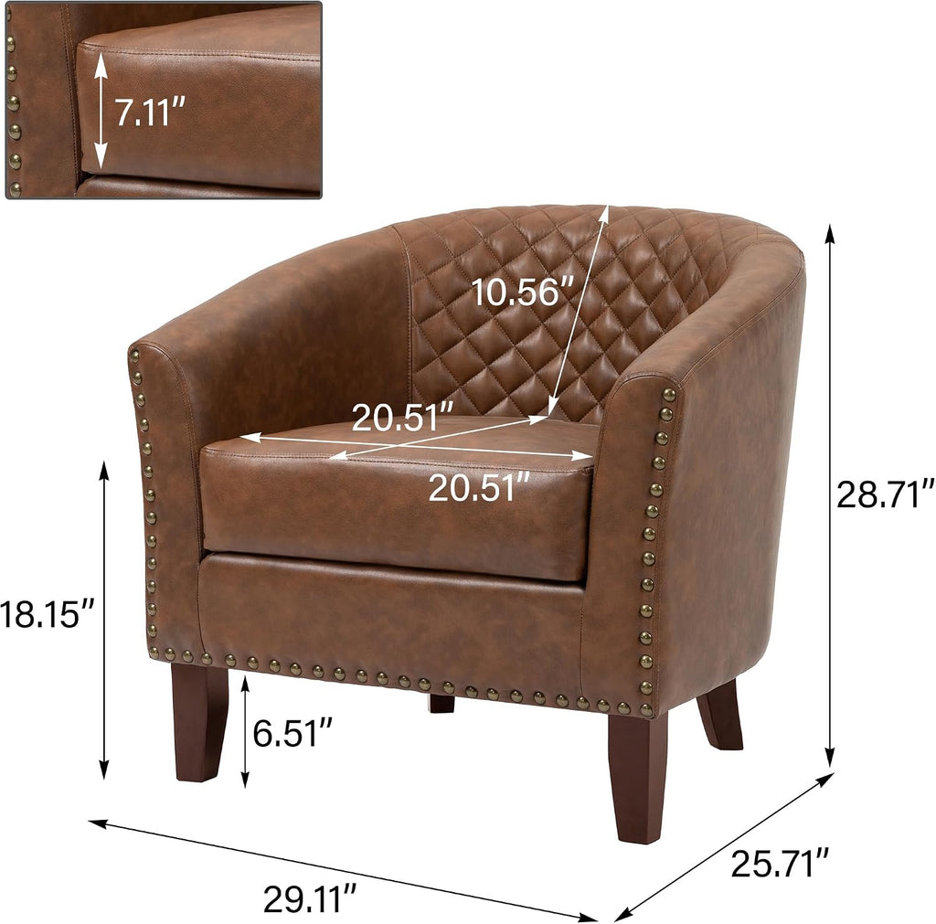 PU Leather Barrel Accent Chairs, Upholstered Armchair, Brown - Set of 2