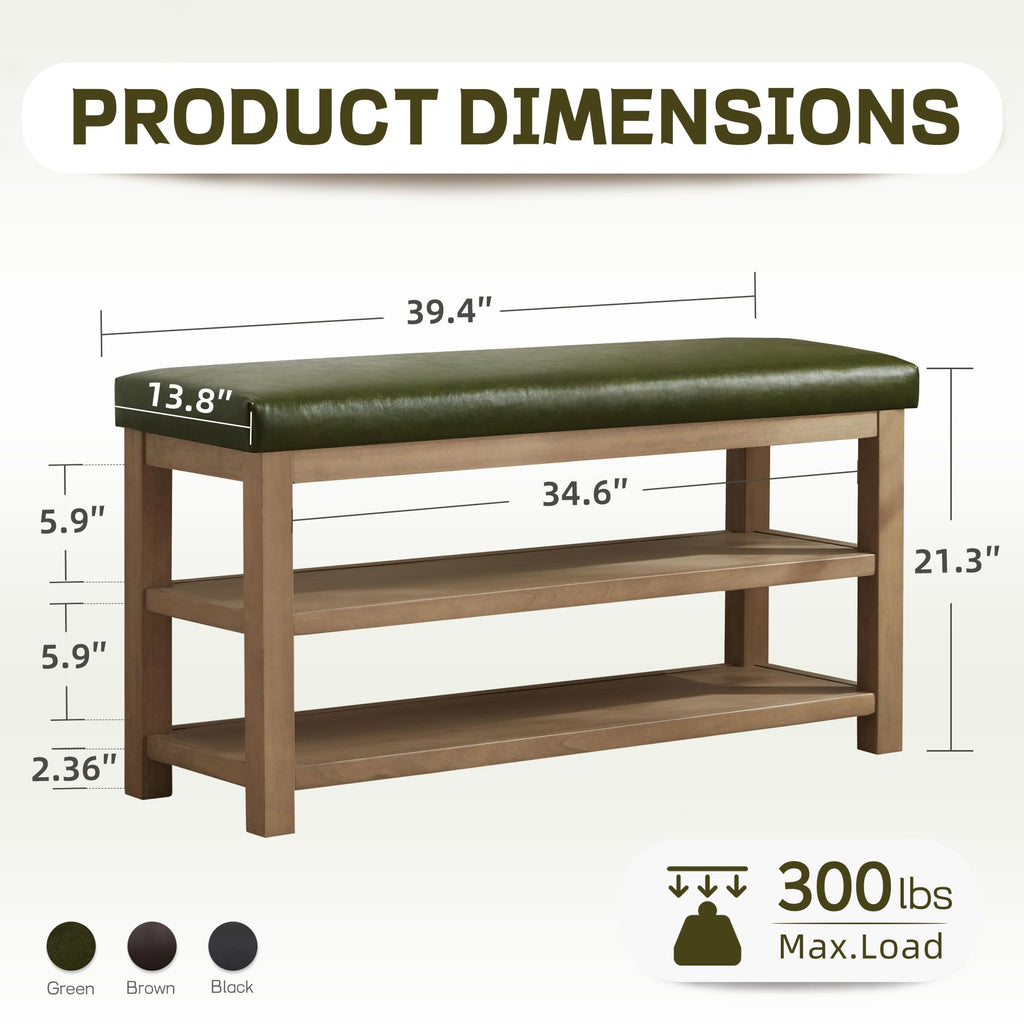 Shoe Rack Bench with Leather Cushion, 2 Tier Solid Wood Storage Bench, Mid-Century Modern Shoe Bench, Closet, Front