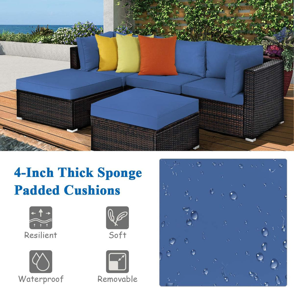5 Piece Outdoor Patio Furniture Set, Wicker Sectional Rattan Sofa with Cushions, Ottomans and Coffee Table - Navy Blue