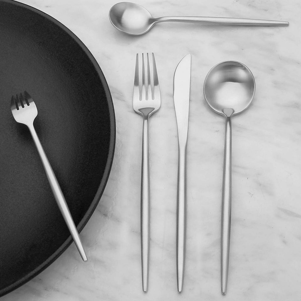 Matte Silver Silverware Set, Stainless Steel Satin Finish, Flatware Cutlery Set for 4, 20-Piece Spoons and Forks
