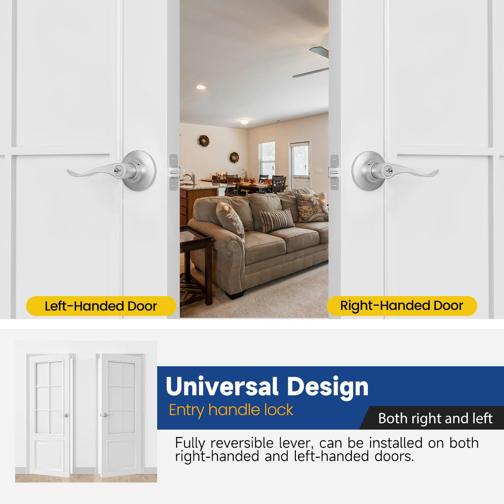 Keyed Entry Door Lever, Door Handle with Lock and Key, Exterior & Interior Door Handle , Wave Style Lever Satin
