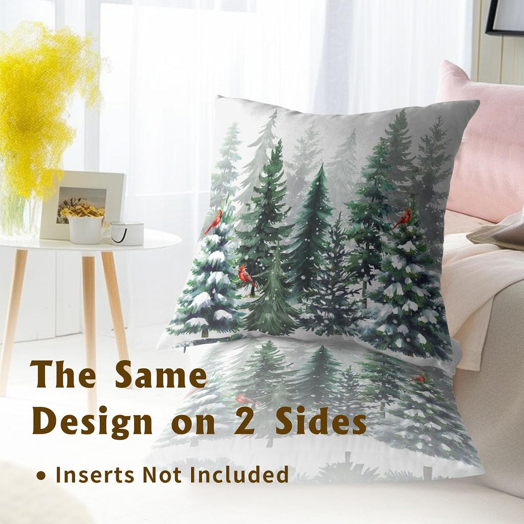 Winter Watercolor Snowflake Throw Pillow Covers 18X18 Inches Green Pine Tree Forest Red Bird Pillowcase Soft - Set of 2