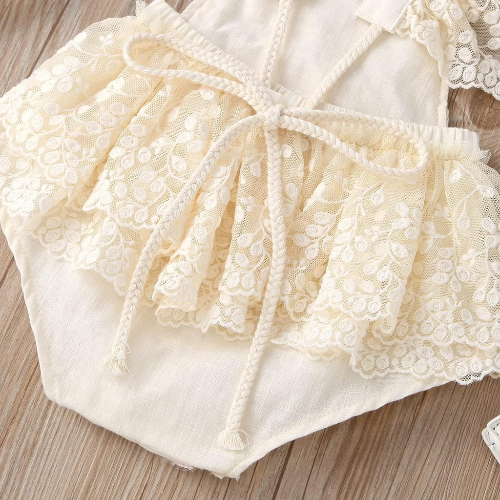 Baby Girl Lace Romper Delicate Embroidery Backless Bodysuit with Flower Headband 2pcs Cake Smash Outfit...