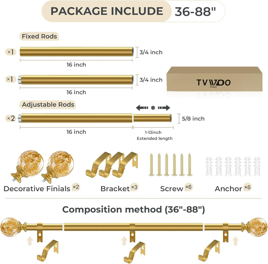 Gold Decorative Crystal Curtain Rods:36-88 Inch Heavy Duty Adjustable Window Curtains Rods for Bedroom Living Room