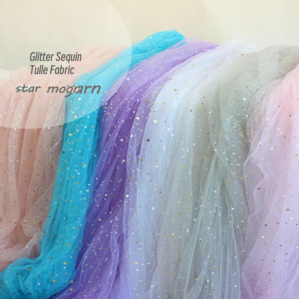59" x 8 Yards Glitter Tulle Fabric Rolls Stars and Moon Sequin Tulle Fabric