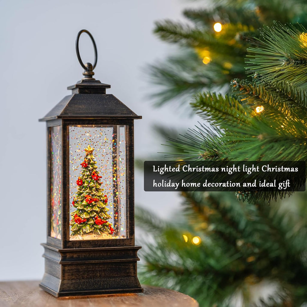 Christmas Snow Globe Lantern Water Glittering Christmas Tree with Music, USB Lined/Battery Operated Lighted Lantern