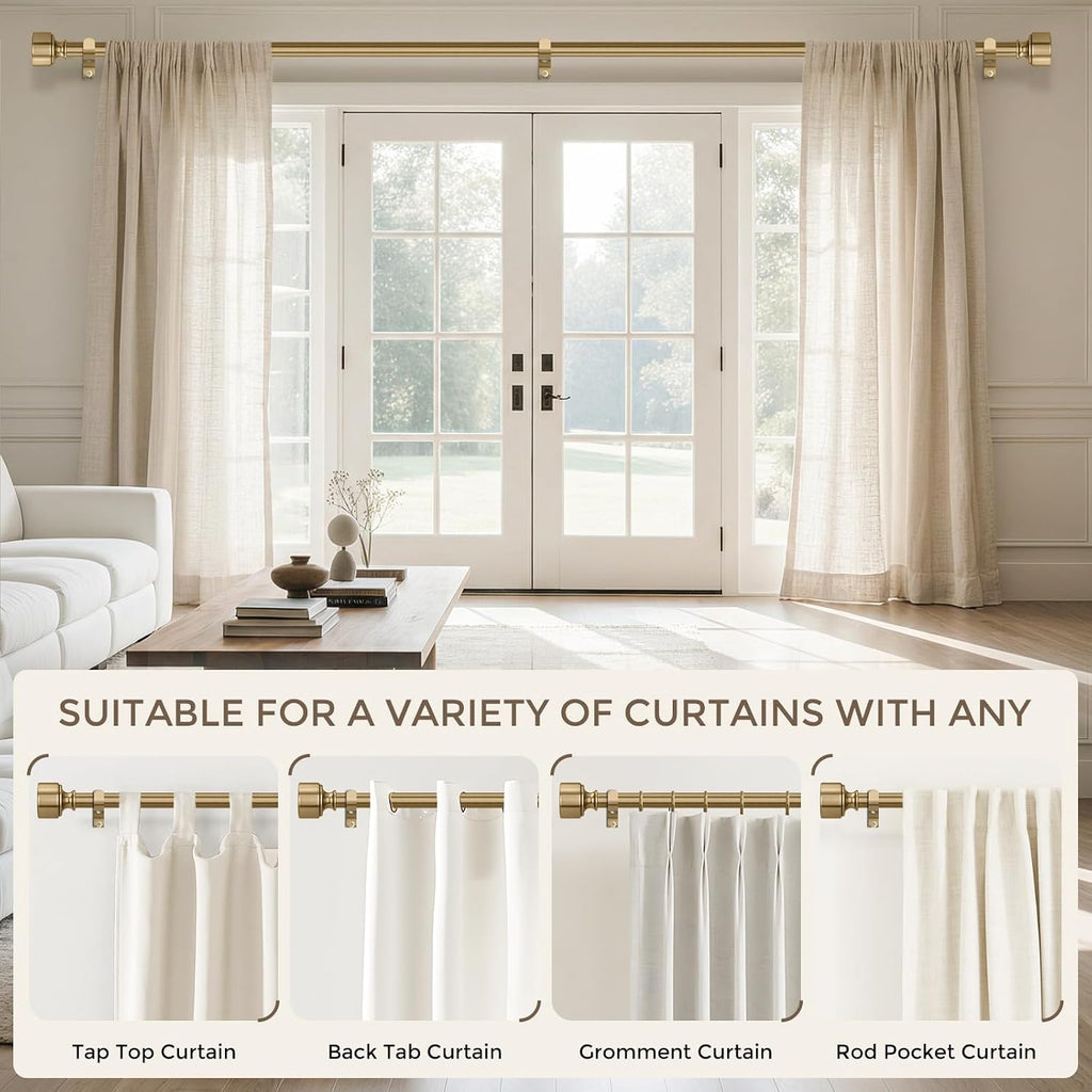 2 Pack Warm Gold Curtain Rod for Windows 28 to 48 Inch, Heavy Duty Brass Curtain Rod, 1" Diameter Adjustable Gold