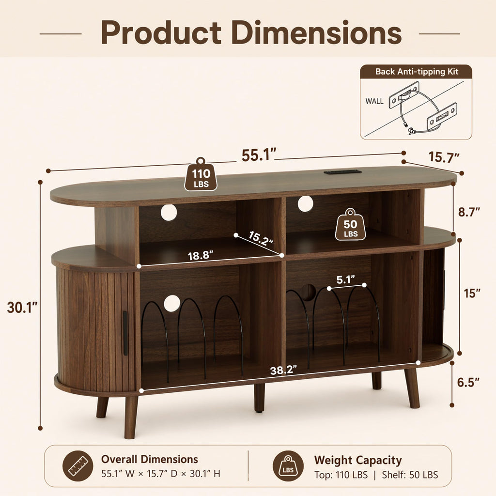 Large Record Player Stand with Storage and Charging Station, 55" Turntable Stand Vinyl Record Player Table Cabinet
