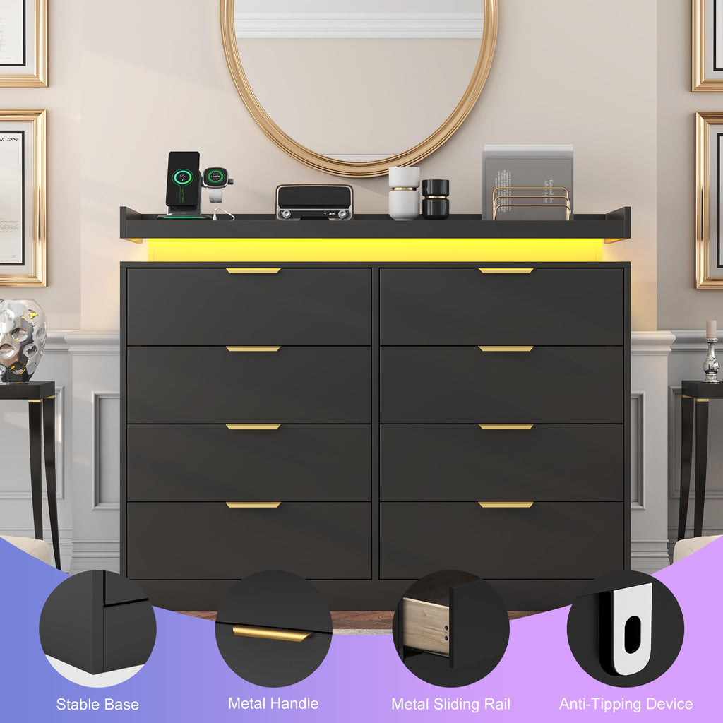 8 Drawer Dresser, Black Dresser with LED Lights and Power Outlet, Wooden Dressers Chests of Drawers, Double Wide