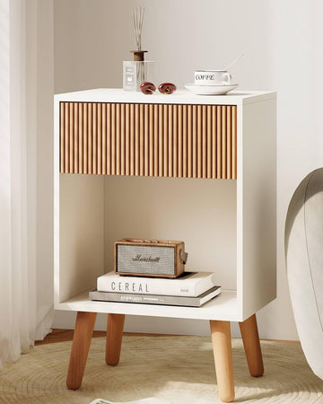 Fluted Nightstand, Modern Bedside Table with Storage Drawers and Open Wood Shelf, Night Stand with Solid Wood Legs