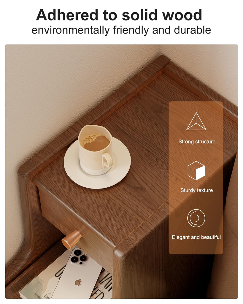 Solid Wood Narrow Nightstand with 3 Drawers, Modern Walnut, Fully Assembled