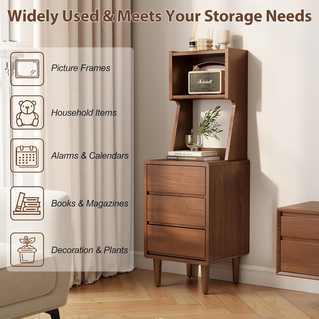Solid Wood Bookshelf Nightstand Combo, Tall Nightstand with Bookshelf | Walnut Nightstand Bookshelf,Narrow Nightstand