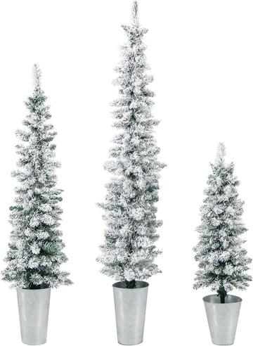 Set of 3 Artificial Snow Flocked Christmas Tree, 3' 4' 5' Slim Pencil Xmas Tree with Silver Metal Buckets, Faux