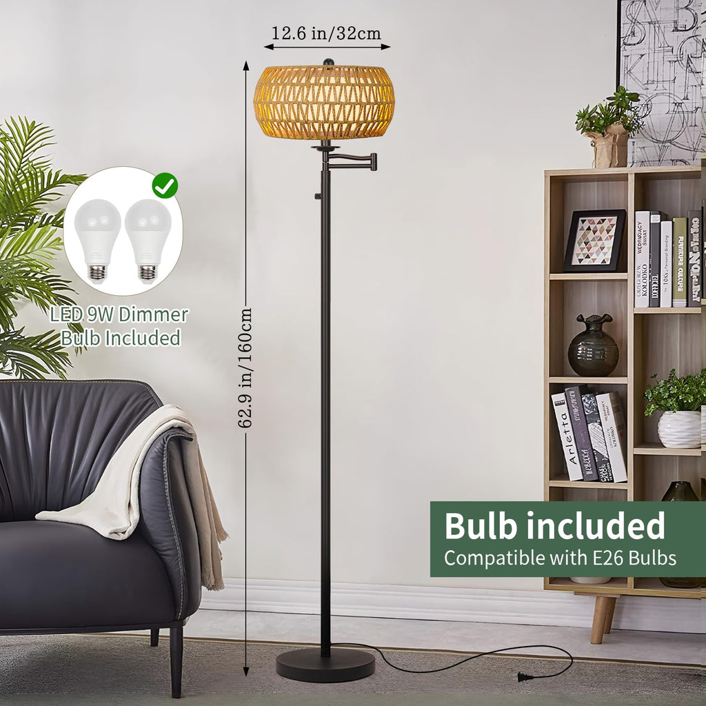Dimmer Rattan Floor Lamp, Tall Boho Standing Lamp with Swing Arm, Hand Woven Lamp with 2 * 9W LED Bulb, Bright Tall Lamp