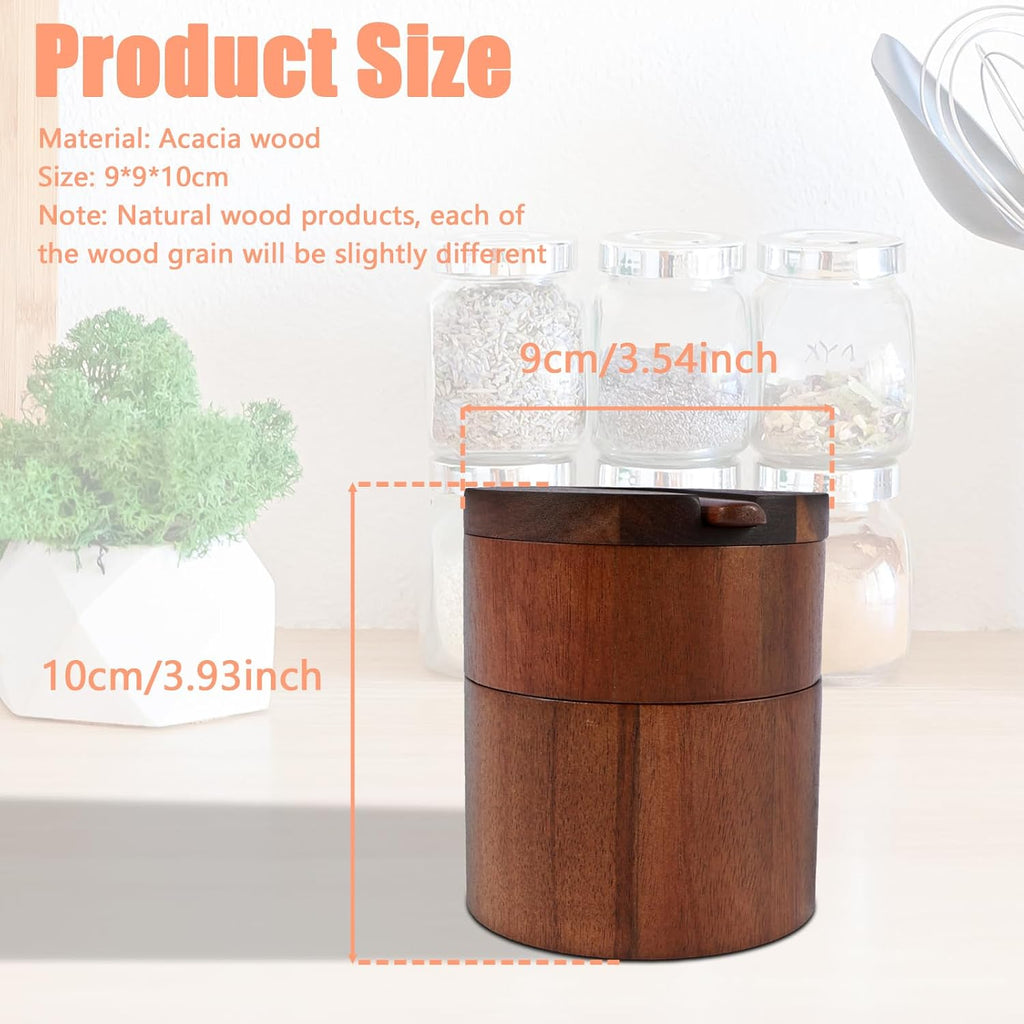 2 Layers Acacia Wood Salt and Pepper Bowl Salt and Pepper Storage Box Salt Container Salt Keeper with Built in Spoon