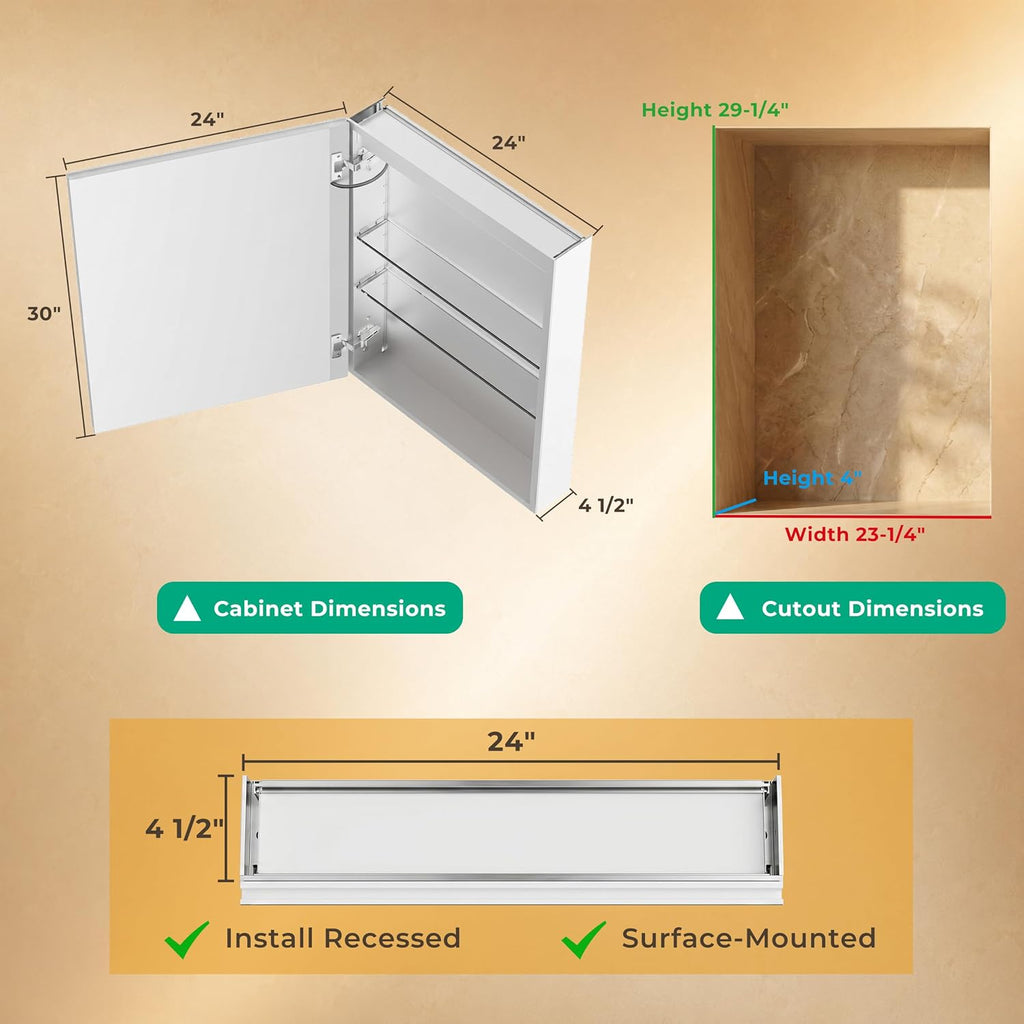 24" x 30" LED Medicine Cabinet, Lighted Medicine Cabinet, Surface & Recessed Mounting, Adjustable Color Temperature &