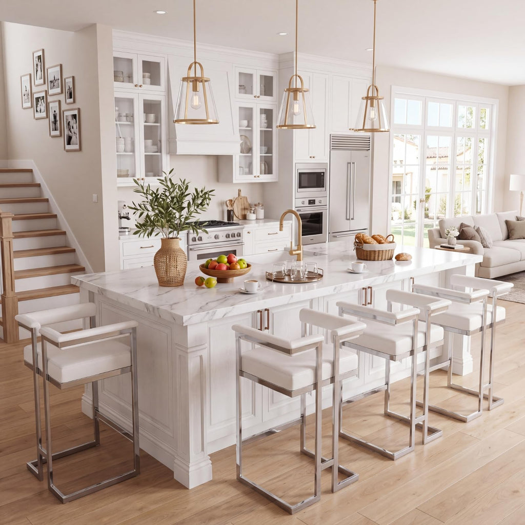 Modern 26" Bar Stools Set of 2 | Faux Leather Upholstered Counter Height Stool with Chrome Metal Frame, Kitchen Bar