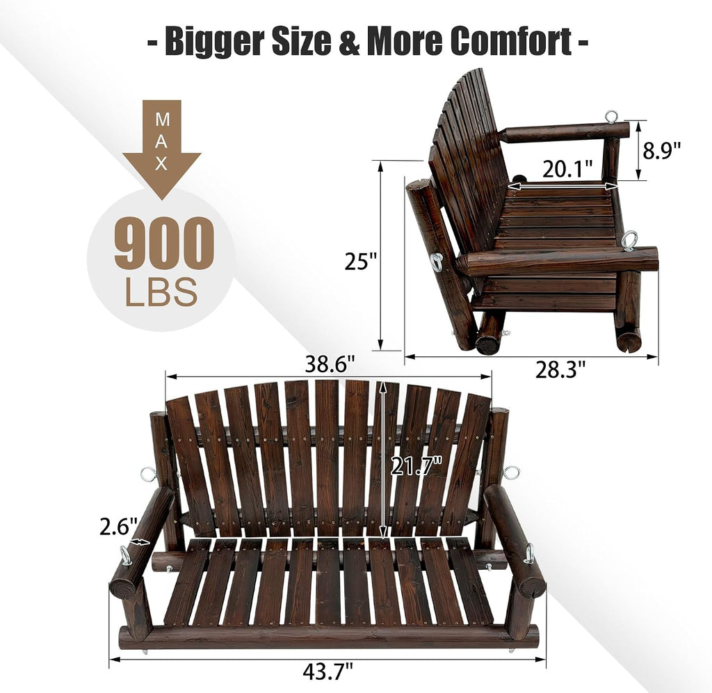 3.5 FT Rustic Log Wooden Porch Swing, Heavy-Duty 900 LBS, Outdoor Hanging Bench , Garden, Yard - Solid Fir Wood