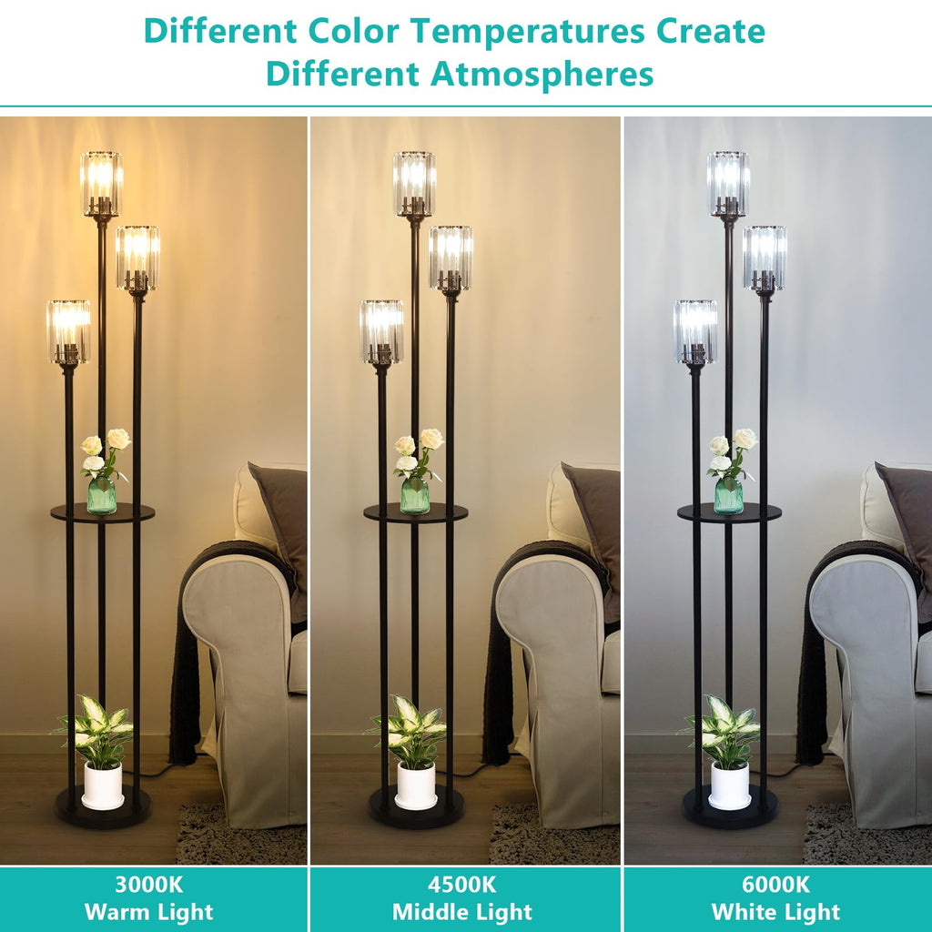 Crystal Floor Lamp with Shelves, Modern Floor Lamps, 3-Light Standing Lamps with Table, Black Tall Lamp with Crystal
