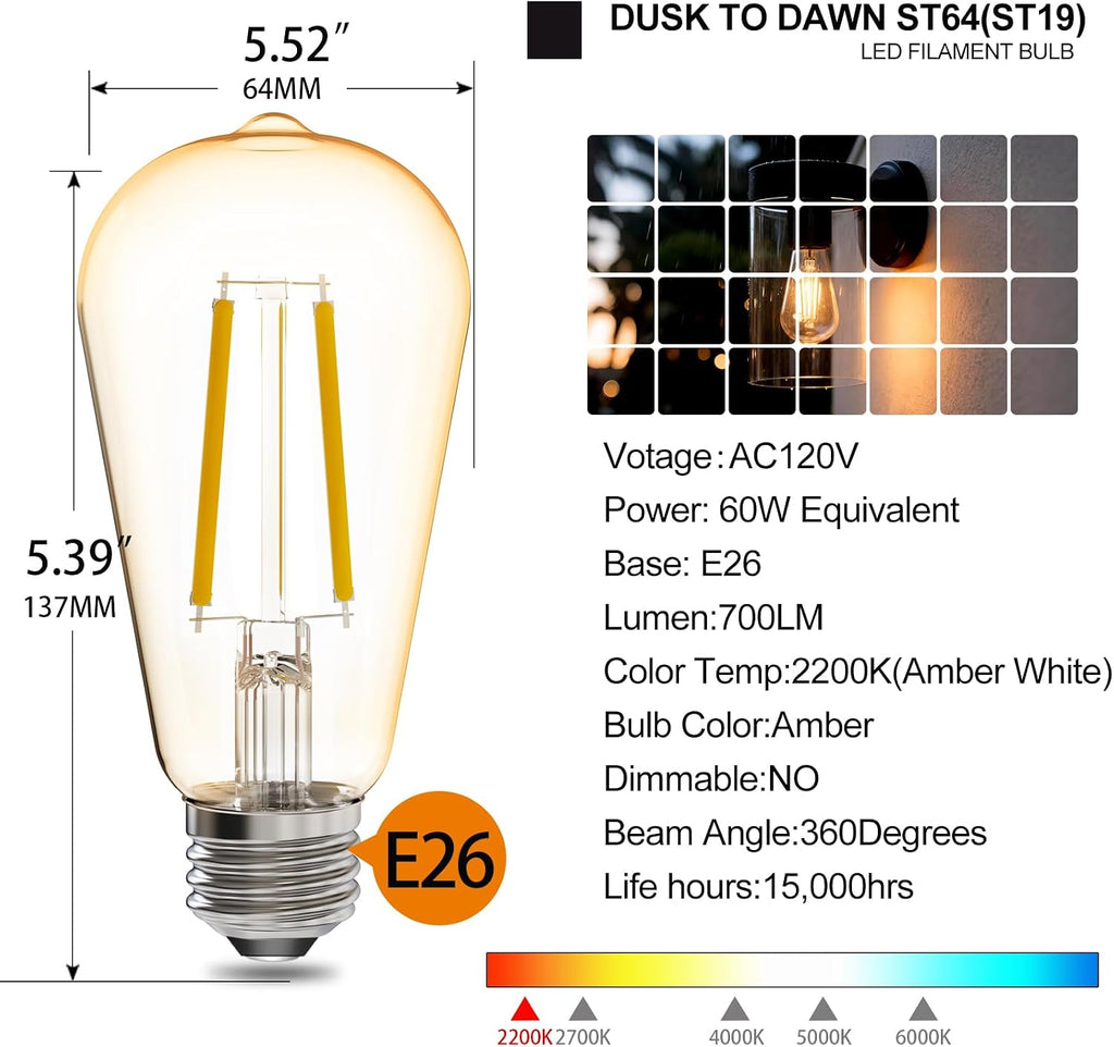 Energetic 2 Pack 2200K Dusk to Dawn Outdoor Sensor ST19 LED Light Bulb