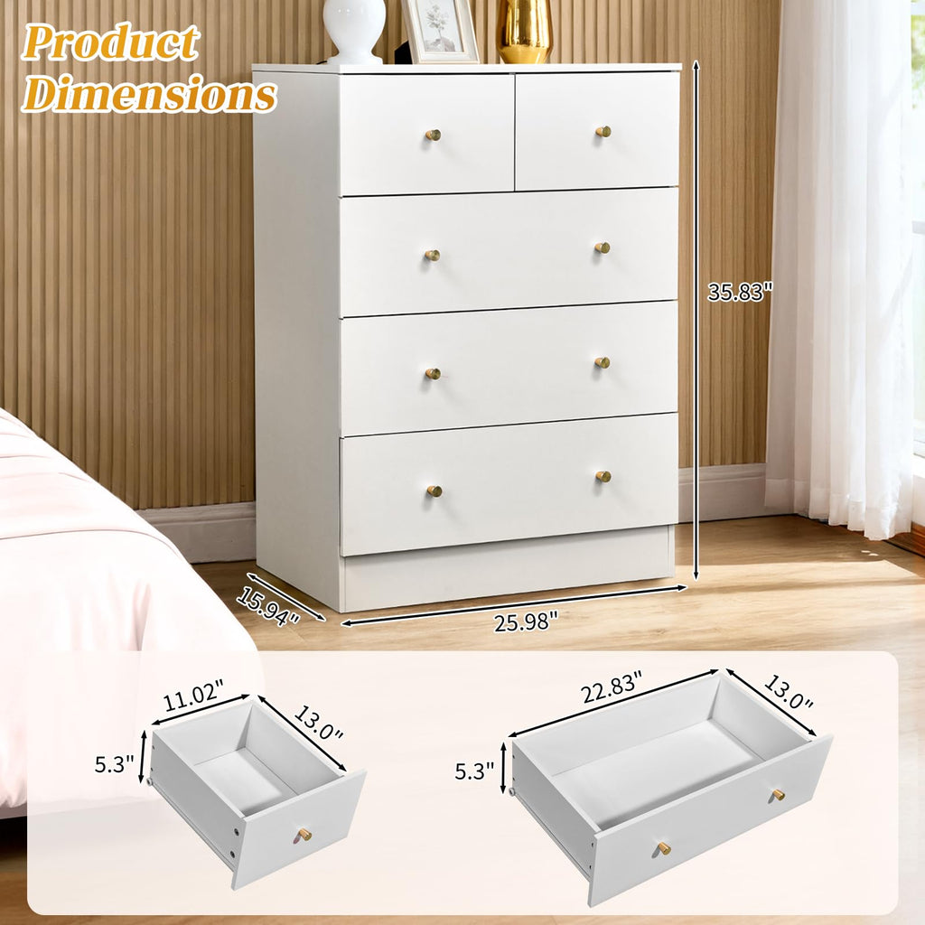 White 5 Drawer, Rose Gold Handle Modern Bedroom Chest