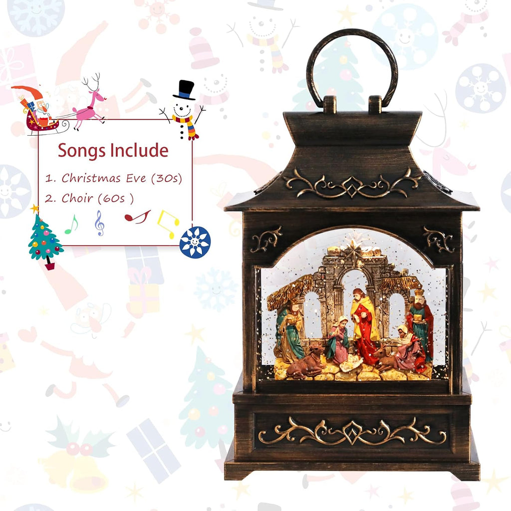 Christmas Nativity Snow Globe Lantern Musical Swirling Glitter Light