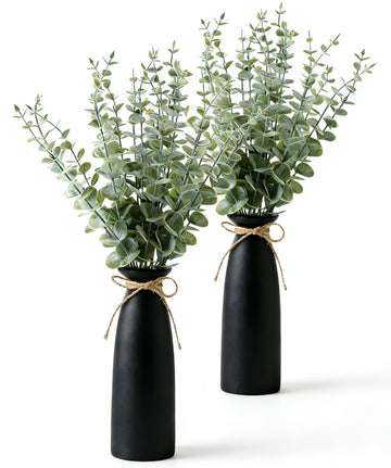 Vase with Greenery, 20pcs Artificial Eucalyptus Stems in Black Vase 2 Packs, Boho Home Decor Plant, 19" Decorative
